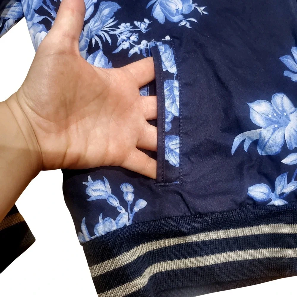 Gap Women Navy Blue‎ Floral Print Bomber Full Zip Jacket Lightweight Size XL